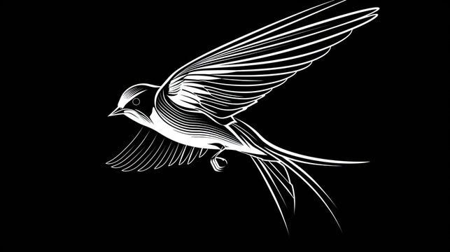 A simple white line art illustration of a swallow bird in flight, in a vector style with a flat design, on a black background