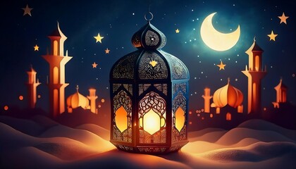 Elegant Ramadan Kareem Background with Lanterns, Crescent Moon, and Floral Patterns in Gold and Blue