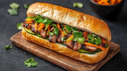 Delicious Grilled Chicken Sandwich with Fresh Vegetables and Herbs Served on a Rustic Wooden Board
