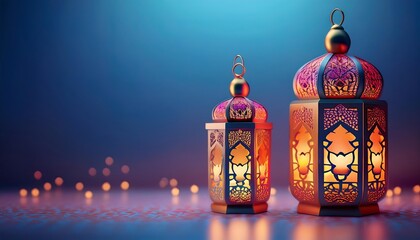 Elegant Ramadan Kareem Background with Lanterns, Crescent Moon, and Floral Patterns in Gold and Blue