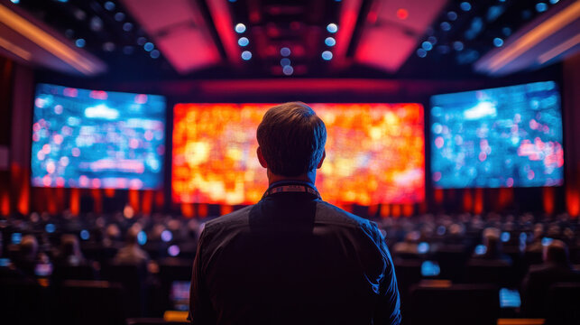 A transportation lawyer presenting safety updates at a national logistics summit, with vibrant visuals on stage
