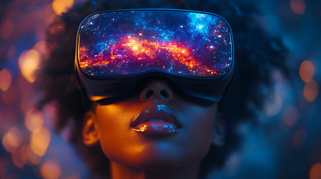 An African American woman with curly hair uses a laptop amid business infographics and data visuals