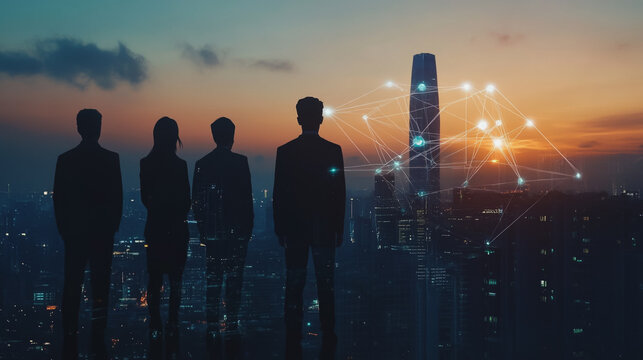 Abstract business team stands on the peak of success amid tall, innovative Smart city and graphs with statistics to analyze business potential and predict future developments in company growth.