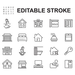 Rental Estate Icon Set. Vector illustration in modern thin line style of icons related to real estate, property types, documents and more.