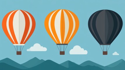 Three stylized hot air balloons ascending over a mountain range