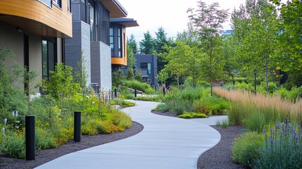 Fototapeta premium Modern Landscape Pathway Among Residential Architecture and Greenery