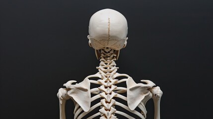 Close-up of the back view, skeleton neck with head facing up on a black background