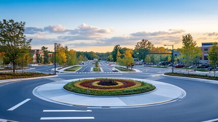 Scenic Roundabout with Colorful Flowers and Clear Blue Sky