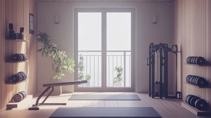Minimalist home gym with natural light, wooden shelves, weights, bench, and yoga mats.