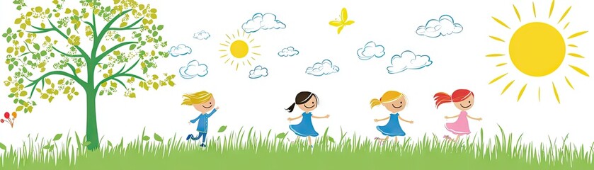 Happy kids playing in sunny field. Website banner