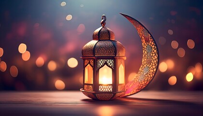 Elegant Ramadan Kareem Background with Lanterns, Crescent Moon, and Floral Patterns in Gold and Blue