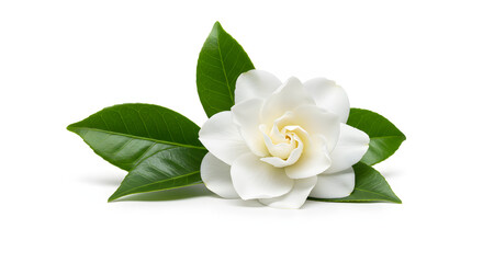 Fototapeta premium Elegant White Gardenia Flower with Lush Green Leaves, Isolated on White Background