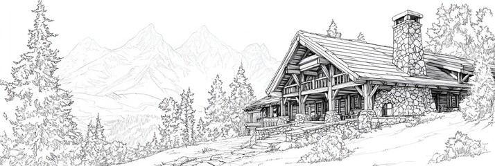 Line drawing of a mountain lodge with detailed wooden beams, stone chimney, and surrounding trees, monochrome design