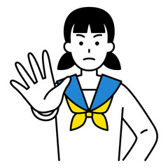 右手を前に突き出す女子学生