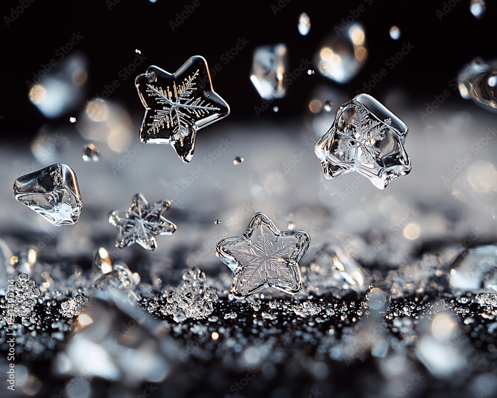 Poster crystal stars and shapes falling on dark surface.