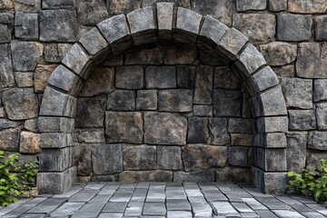 Stone archway with greenery and plant growing in the structure against a blurred background