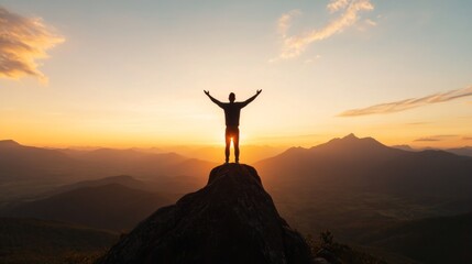 Silhouette of a man standing on mountain peak at sunset with arms raised in victory.