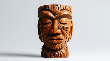 An artistic wooden sculpture head with intricate carvings, positioned on a plain white background to highlight its craftsmanship 