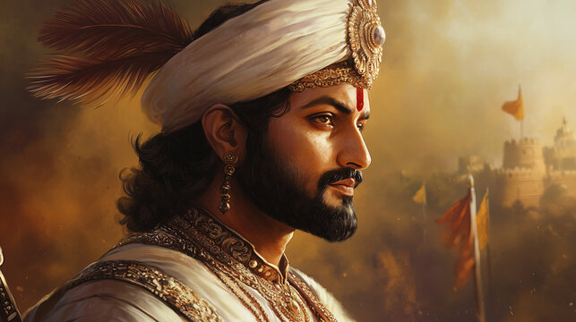 Shivaji Jayanti, dressed in royal attire, decorated with intricate jewelery and a large turban featuring beautiful feathers, honors Chhatrapati Shivaji Maharaj