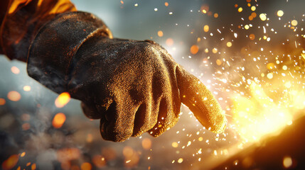 Welding technician focusing on metalwork, creating sparks and heat