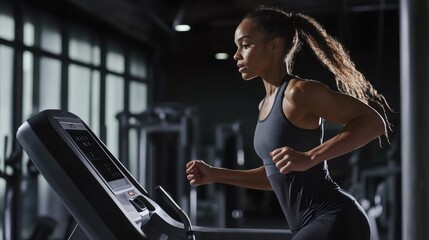 Fototapeta premium Young athletic woman running on treadmill in modern gym, maintaining healthy lifestyle