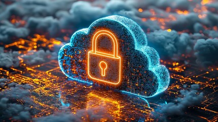 A glowing cloud with a padlock symbolizes digital security and data protection in a futuristic setting.