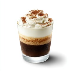 Creamy coffee drink, layered espresso, whipped cream, cocoa, cafe menu