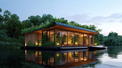 Obraz premium Modern floating homes powered by solar panels exemplifying sustainable living and innovative design on the water.