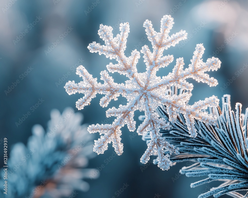 Poster Close-up of a frost-covered snowflake on a pine branch.