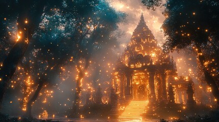 Obraz premium A radiant glowing temple surrounded by surreal luminous trees in a fantasy forest