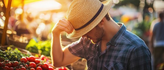 Man wearing a straw hat at an outdoor market, selecting fresh tomatoes during golden hour. Local produce, farm-to-table, and vibrant community atmosphere captured.