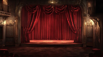 Dramatic stage with red curtain illuminated by soft spotlighting creating a theatrical atmosphere