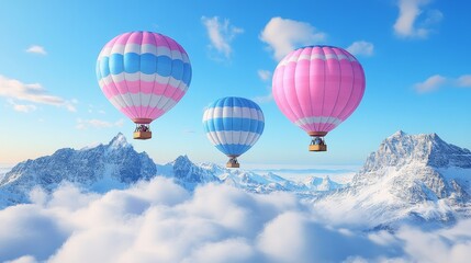 Naklejka premium Three pastel hot air balloons soaring above a snow-capped mountain range and clouds