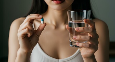 Fototapeta premium A Woman Holding Blue Pill and Glass of Water