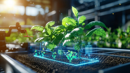 Futuristic indoor farming technology. Plants growing in a modern controlled environment, data visualization shown via a glowing blue digital interface. Innovative agricultural technology concept.