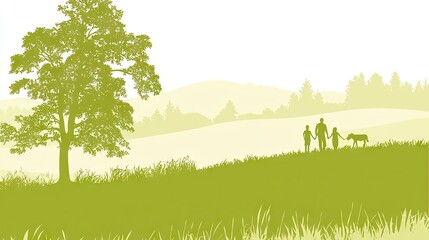 Family dog walk, scenic hills, summer day, peaceful landscape, nature backdrop