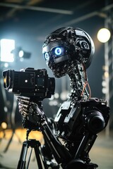 Robot, camera and photography studio setup showcasing advanced technology with artificial intelligence capturing images, innovation in digital imaging and automation.