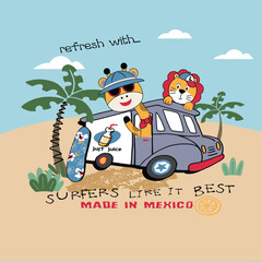 Cute animal in a car traveling to an island for a fun surfing adventure on the beach
