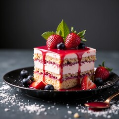 Strawberry cake with fresh berry cream and coulis drizzle