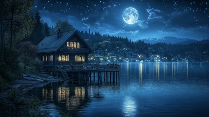 Fototapeta premium Serene Lakeside Cabin Under a Full Moon, Illuminated by Stars and Lights