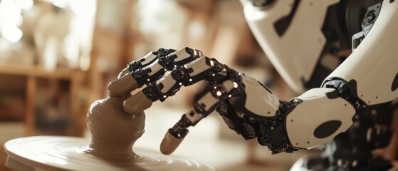 Robot hand assisting in pottery making process, showcasing technology in art and craftsmanship. Innovation, creativity, and robotics in contemporary design.