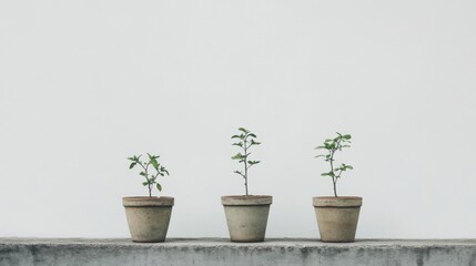 Obraz premium Three small plants in terracotta pots against a white wall.