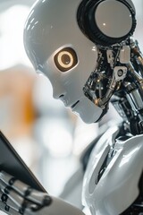 Fototapeta premium Robot reading tablet with glowing eyes, symbolizing AI technology and future innovations in automation and digital communication in modern environments.