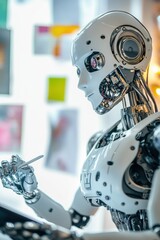 Fototapeta premium Robot working on a digital task in a modern office environment. AI technology and automation concept showcasing advanced robotics and futuristic design.