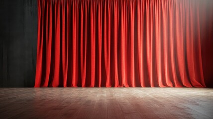 Red curtain on a magic theatre stage, inviting wonder and imagination to unfold in a captivating performance.