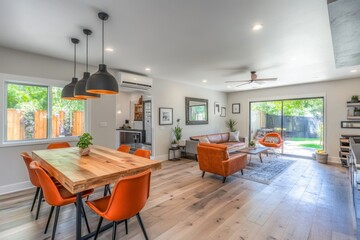 Modern open-plan living space with dining area, living room, and patio access.