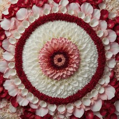 A delicate floral mandala made from real petals of red, pink, and white flowers.