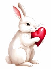 Obraz premium A fluffy white rabbit with pink ears gently holds a glossy red heart in its paws, sitting against a plain white background, creating a soft and charming illustration.