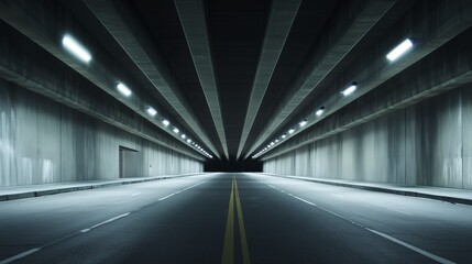 A large tunnel features bright overhead lights casting shadows on the concrete surface. The empty road stretches forward, creating a sense of depth and mystery as it fades into darkness.