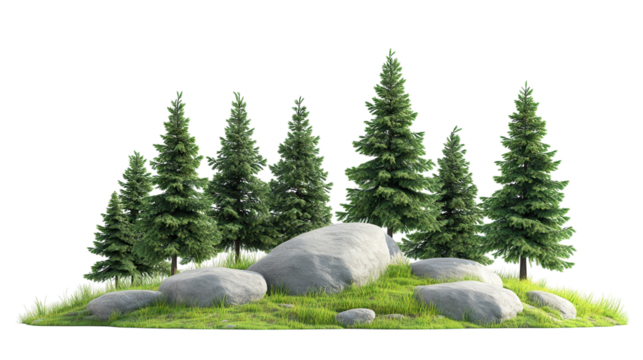 Lush green landscape featuring conifer trees and large rocks under bright sunlight